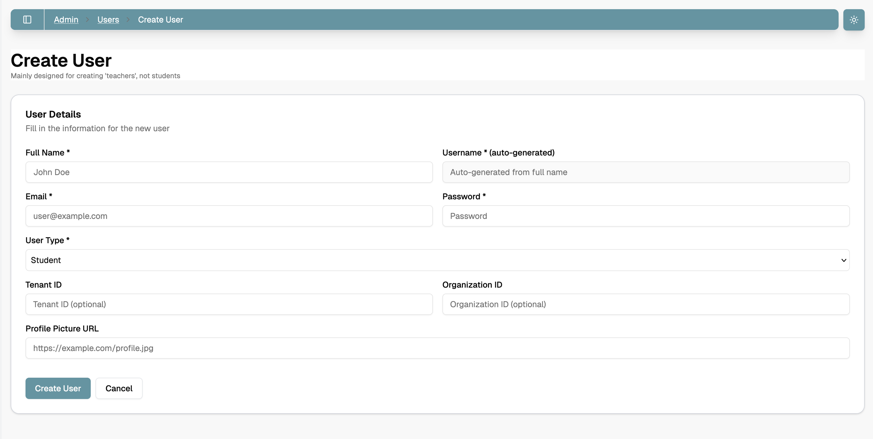 Required fields for user creation
