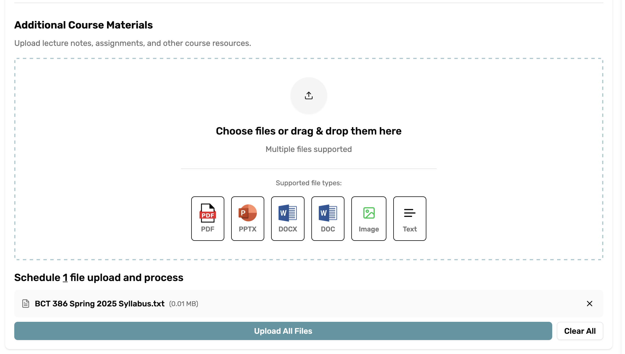 View of materials upload